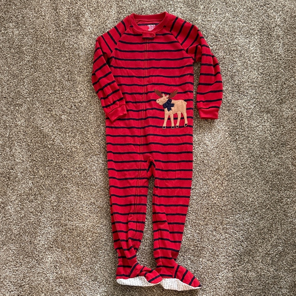 Red Striped Kids Footie Pajamas with Moose Design